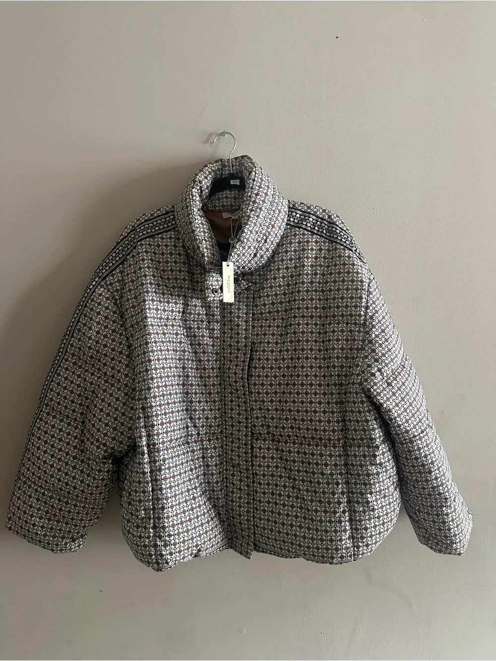 NWT Max Studio Quilted Houndstooth-Pattern Puffer Jacket - Brown & White Size XL
